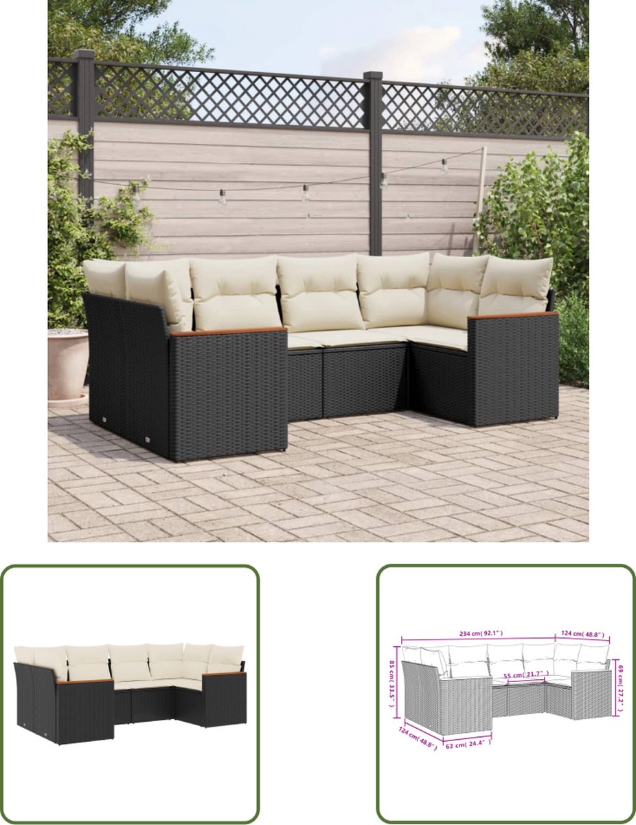 The Living Store 6-delige Loungeset met kussens poly rattan zwart - Loungebank - Tuinset - Lounge Set - Tuinmeubels - Outdoor Furniture