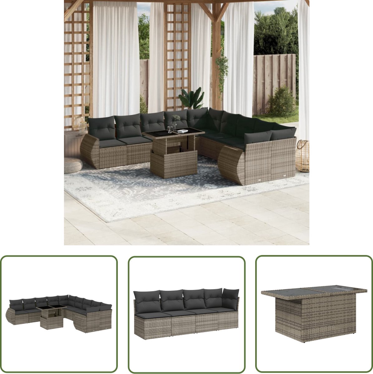 The Living Store 11-delige Loungeset met kussens poly rattan grijs - Loungeset - Lounge Set - Tuinmeubels - Buitendecoratie - Loungebank