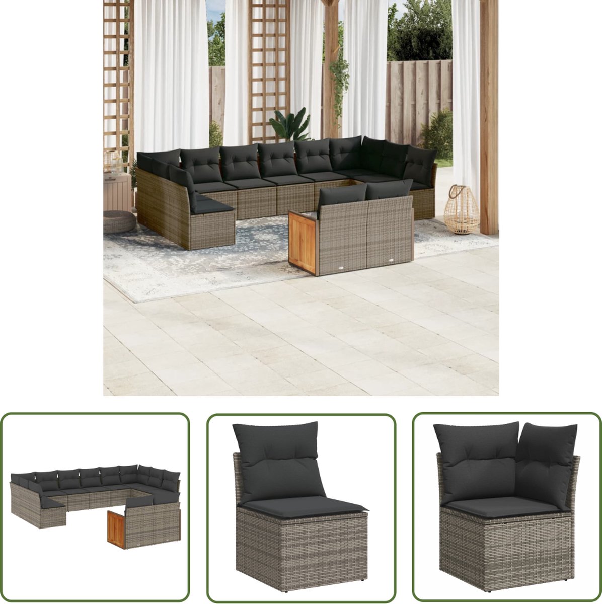Grijze poly rattan loungeset met kussens voor buiten gebruik.