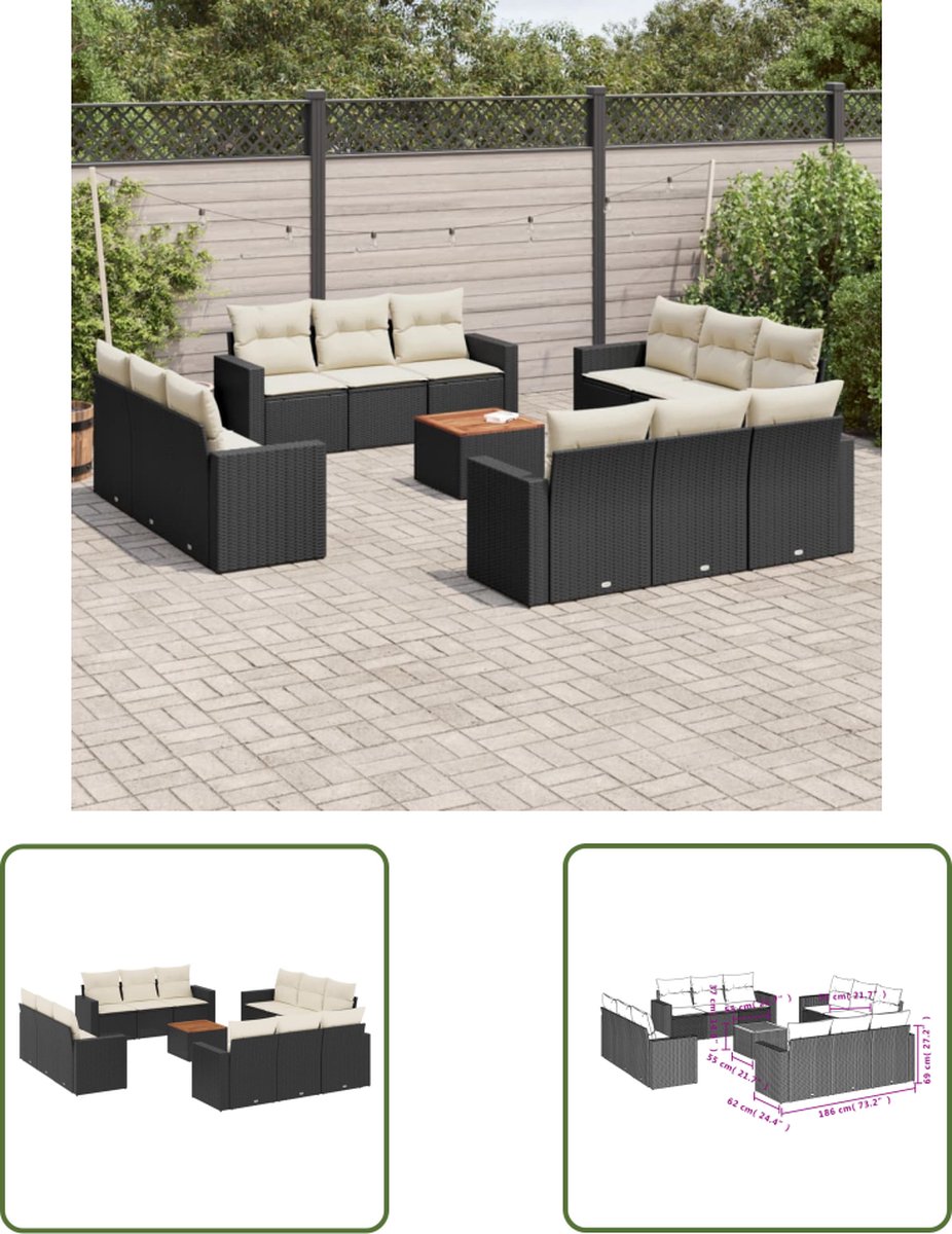 The Living Store 13-delige Loungeset met kussens poly rattan zwart - Lounge Set - Tuinmeubels - Lounge Set Outdoor - Pe Rattan - Tuinstoel