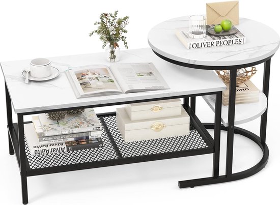 Set van 2 bijzettafels - PVC marmerlook - 1 lade en 1 nis - grijs