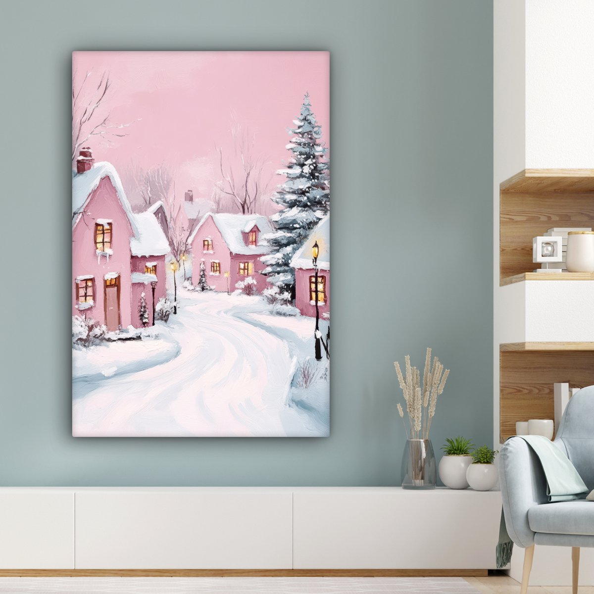 Canvas schilderij 90x140 cm - Wanddecoratie Kerstdorp - Roze - Winter - Sneeuw - Huizen - Muurdecoratie woonkamer - Slaapkamer decoratie - Kamer accessoires - Schilderijen op canvas - Kerstdecoratie voor binnen - Kerstversiering - Kerstmis versiering – foto 3