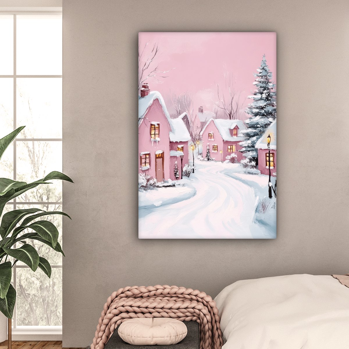 Canvas schilderij 90x140 cm - Wanddecoratie Kerstdorp - Roze - Winter - Sneeuw - Huizen - Muurdecoratie woonkamer - Slaapkamer decoratie - Kamer accessoires - Schilderijen op canvas - Kerstdecoratie voor binnen - Kerstversiering - Kerstmis versiering – foto 4
