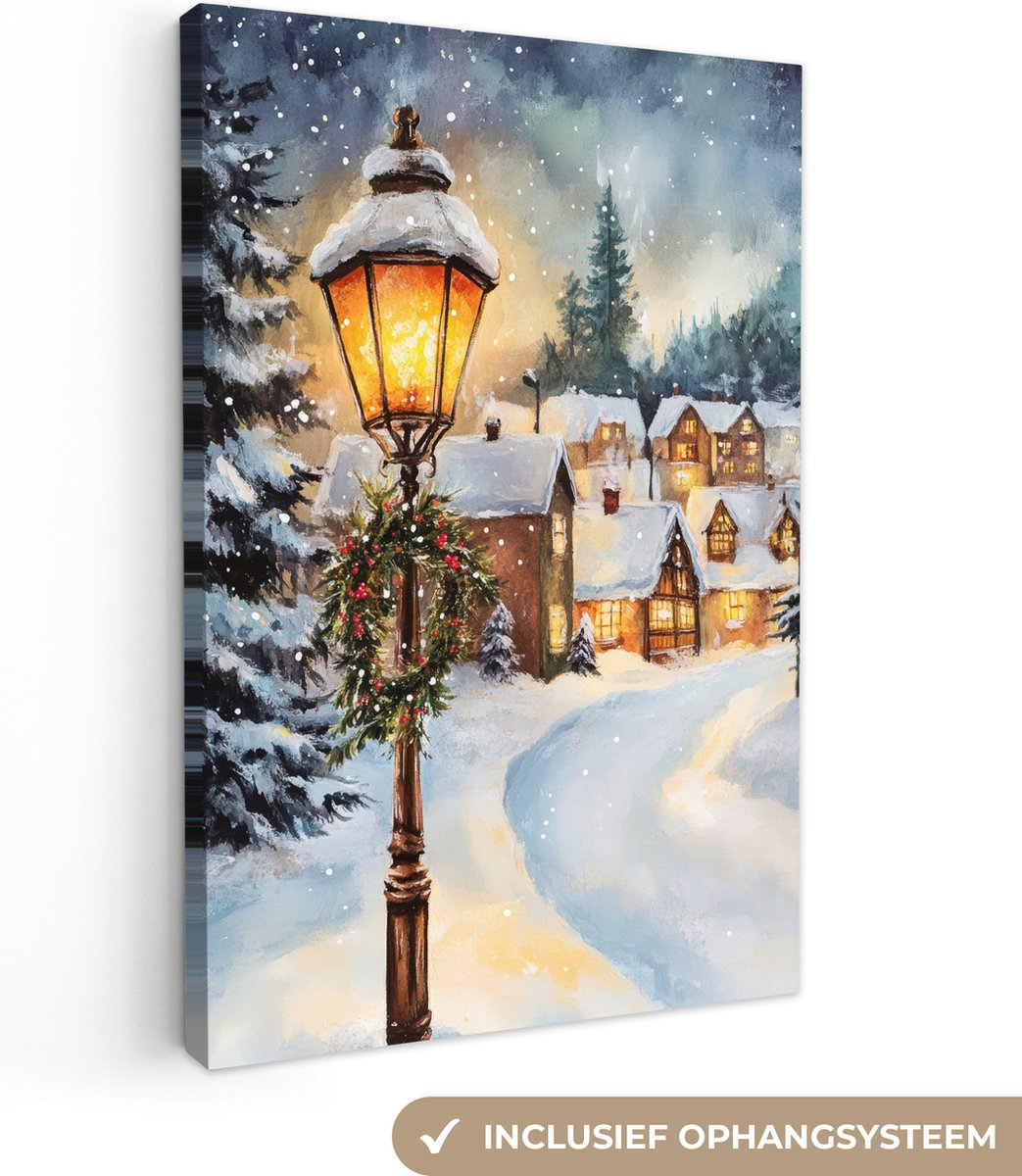 Canvas schilderij 120x180 cm - Wanddecoratie Kerstdorp - Huizen - Sneeuw - Kerst - Muurdecoratie woonkamer - Slaapkamer decoratie - Kamer accessoires - Schilderijen op canvas - Kerstdecoratie voor binnen - Kerstversiering - Kerstmis versiering