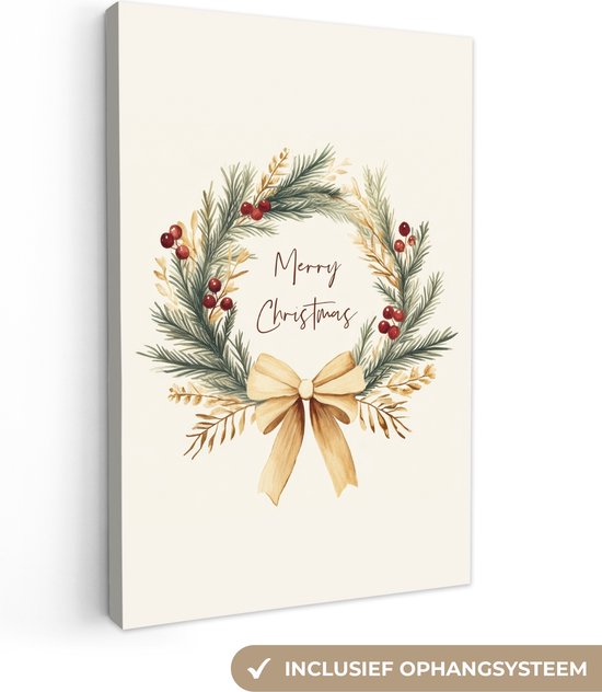 Canvas schilderij 90x140 cm - Wanddecoratie Kerstkrans - Kerst - Goud - Beige - Muurdecoratie woonkamer - Slaapkamer decoratie - Kamer accessoires - Schilderijen op canvas - Kerstdecoratie voor binnen - Kerstversiering - Kerstmis versiering