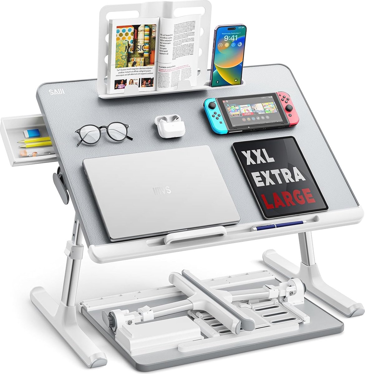 Multifunctionele In hoogte Verstelbare Laptoptafel met Boekenstandaard en Opberglade - Ideaal voor Bed en Bank