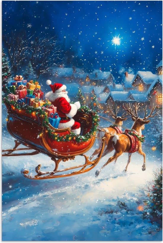 Poster 80x120 cm - Kerstman - Rendier - Kerst - Sneeuw - Posters - Kamer decoratie - Wanddecoratie woonkamer - Kerstdecoratie voor binnen - Kerstversiering - Kerstmis versiering in huis - Kerstaccessoires