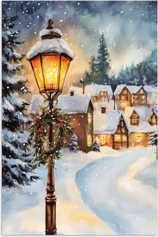 Poster 60x90 cm - Kerstdorp - Huizen - Sneeuw - Kerst - Posters - Kamer decoratie - Wanddecoratie woonkamer - Kerstdecoratie voor binnen - Kerstversiering - Kerstmis versiering in huis - Kerstaccessoires