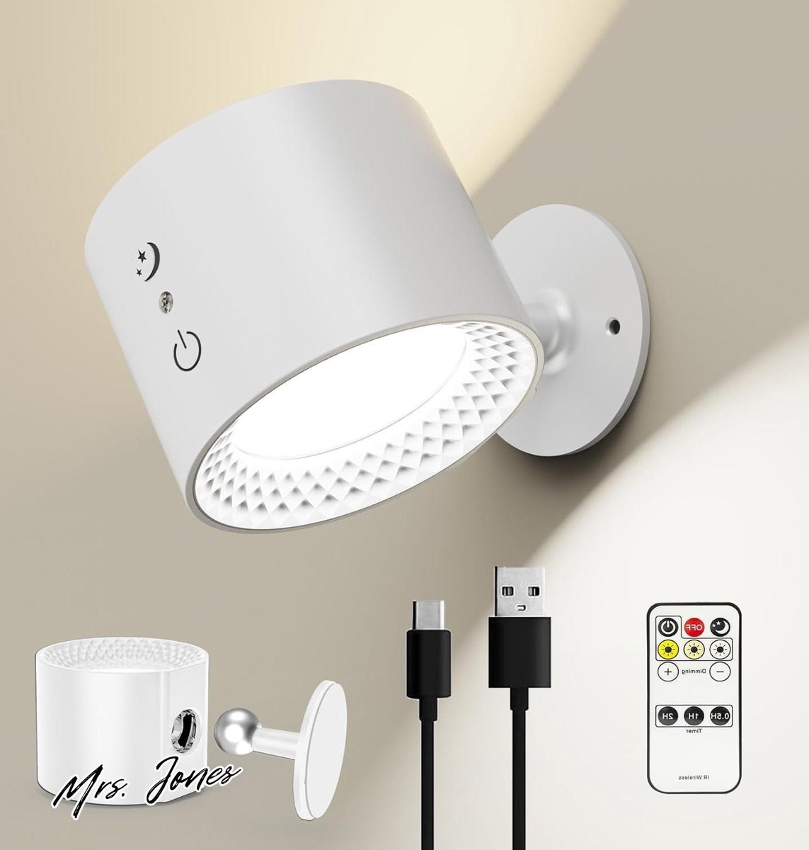 Mrs. Jones Indoor Wandlamp Dimbare Afstandsbediening Oplaadbare Batterij 3 Helderheidsniveaus 3 Temperaturen 360° Draaibaar Draadloze Wandlamp Wit .