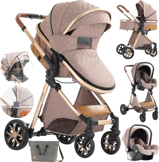 YAZOCO kinderwagen 3-in-1, Citadines combinatie kinderwagen kinderwagen driewieler kinderwagen hoge landschap kinderwagen vouwen kinderwagen kinderwagen kinderwagen 0-36 (2 Khaki