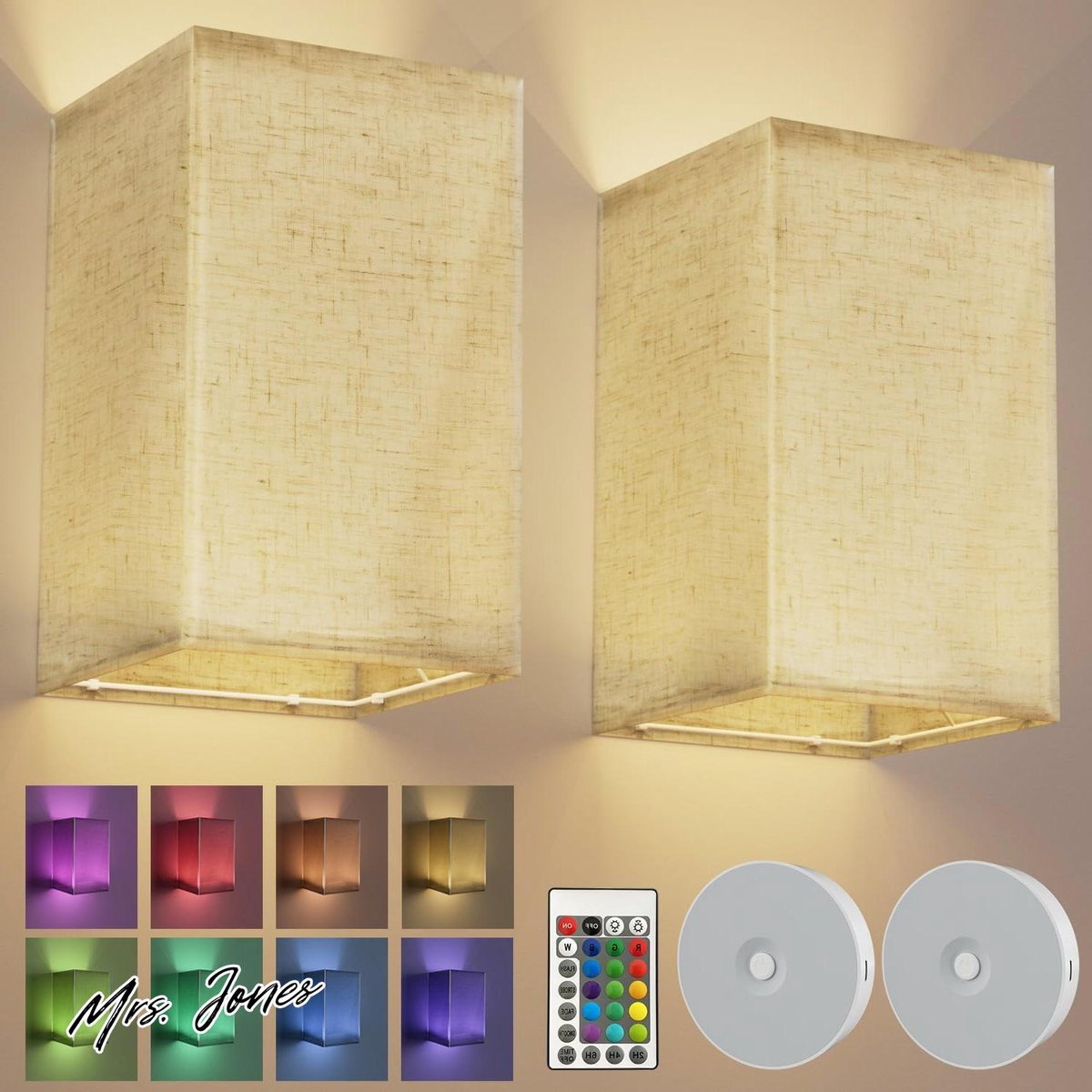 Mrs. Jones Electight Wandlampen Set van 2 - Afstandsbediening Oplaadbaar Batterijgevoede Decoratie 16 RGB Kleuren/Modi Dimbare Draadloze Stoffen Slaapkamer Woonkamer Hal .