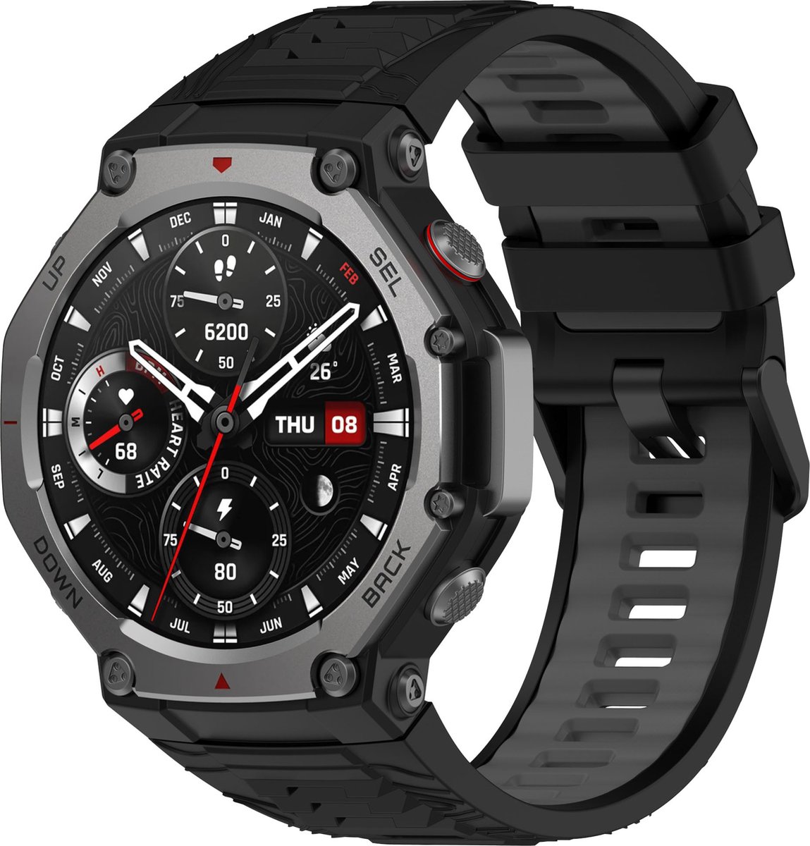 1x Strap-it Siliconen sport bandje met gespsluiting - geschikt voor de Amazfit T-Rex 3 (zwart/grijs)