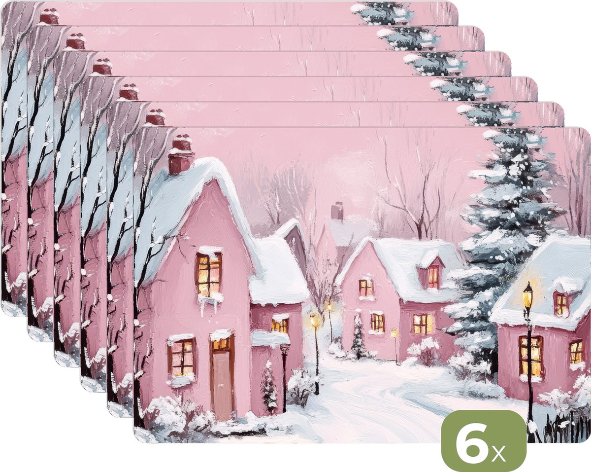 Placemats - 6 stuks - 45x30 cm - Placemat kunststof - Kerstdorp - Roze - Winter - Sneeuw - Huizen - Borden onderleggers - Decoratie voor op tafel - Keuken tafeldecoratie accessoires - Vinyl onderlegger - Tafelversiering