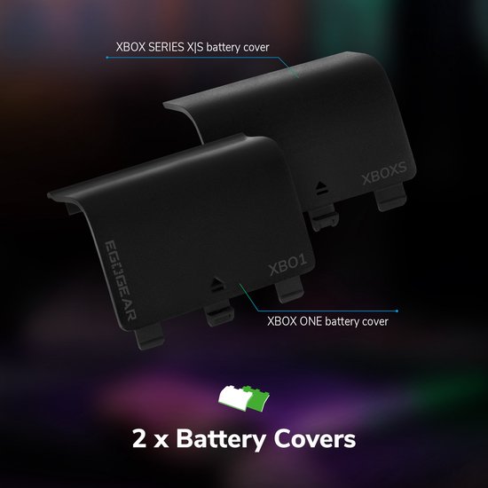 Twee zwarte batterijdeksels, één voor Xbox One en één voor Xbox Series X|S.