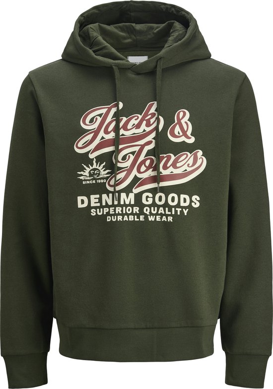 Sweat à capuche vert olive avec l'inscription "Jack & Jones Denim Goods".
