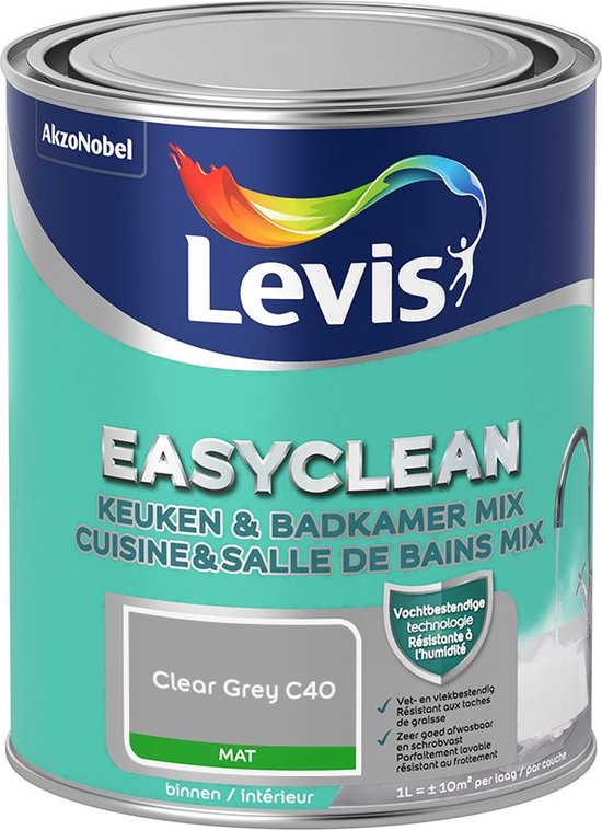 Boîte de peinture Levis EasyClean Cuisine & Salle de Bains Mix, couleur Clear Grey C40, mat.