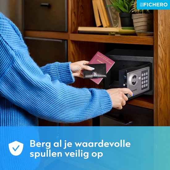 Elektronische Kluis Staal - Kluisje met Cijferslot - Geldkluis - 23 x 17 x 17 cm - 4,5 L - Vaderdag Cadeau voor Papa - Cadeaus voor Hem - Zwart - Fichero
