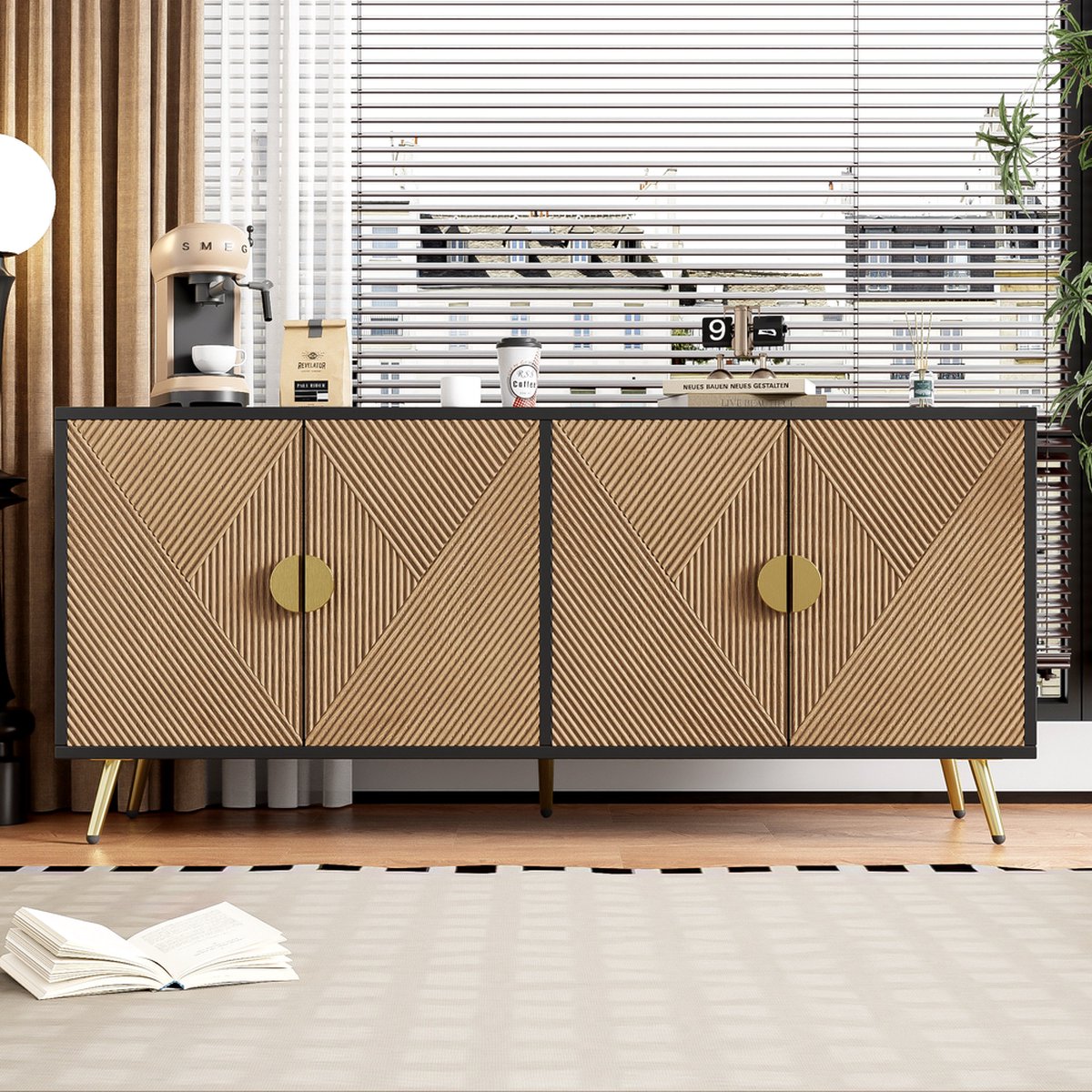 KOMHTOM Dressoir Buffetkast met vier deuren en geborstelde gouden handgrepen glanzende poten symmetrisch ontwerp zwart