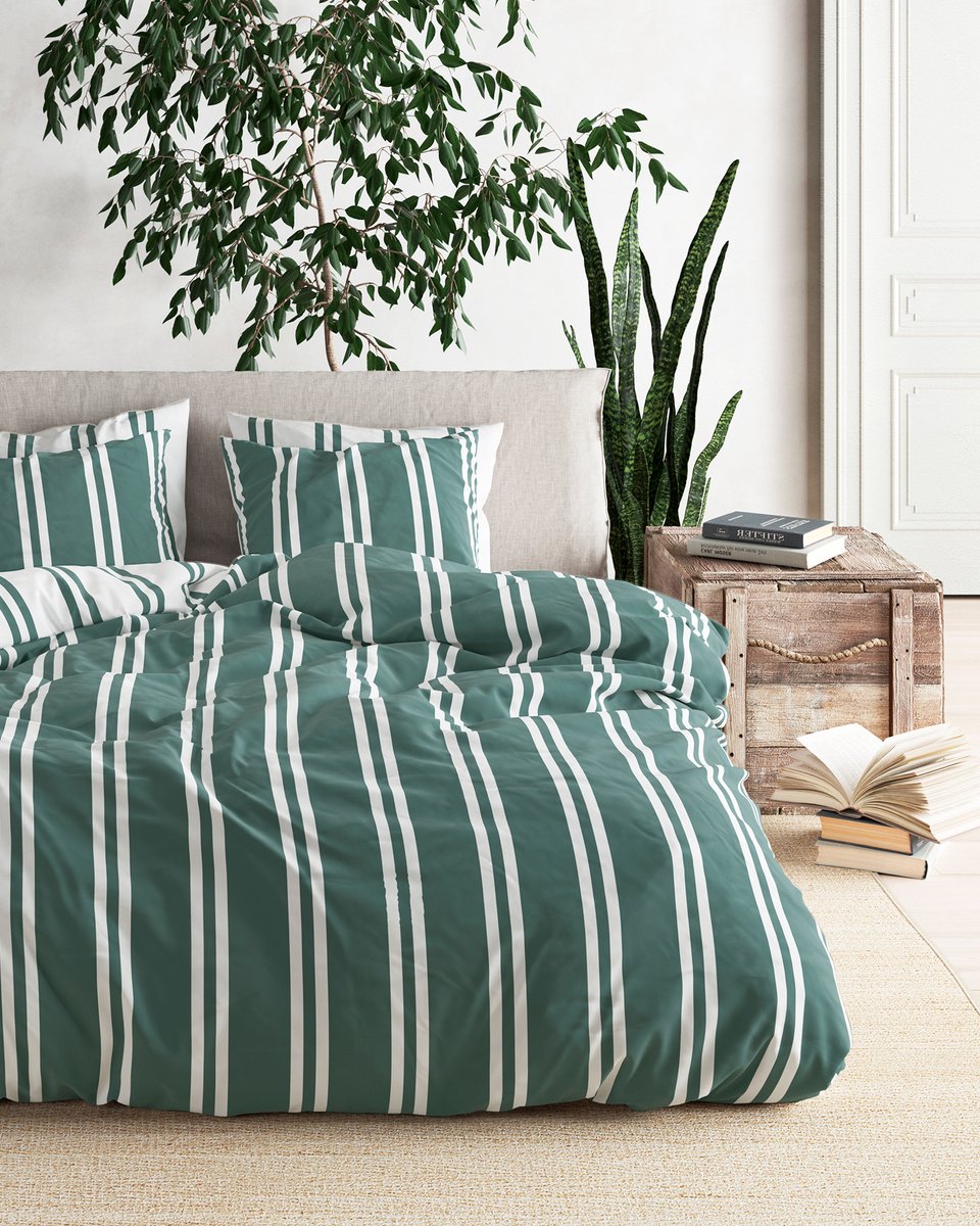 Mistral Home - DEKBEDOVERTREK - recycled katoen renforcé - 260 x 240 cm + 2x 65 x 65 cm - extra breed - strepen - groen- Duurzaam