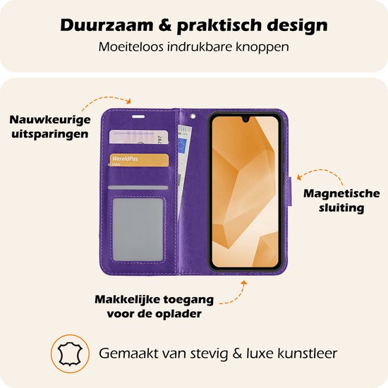 Paarse telefoonhoes open, toont "Duurzaam & praktisch design", pasjesvakken en geldvak.