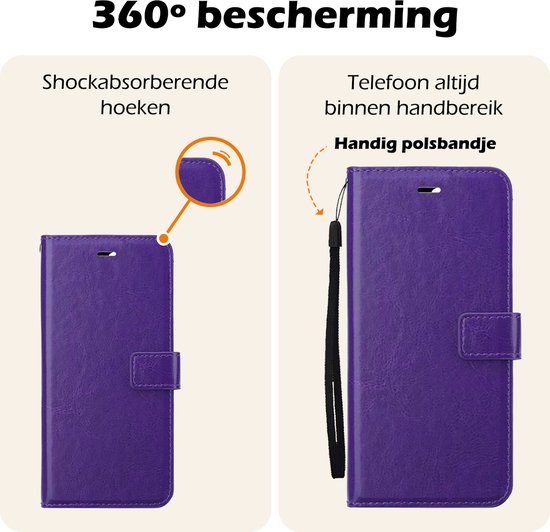 Paarse telefoonhoes met polsbandje en "360° bescherming" print.