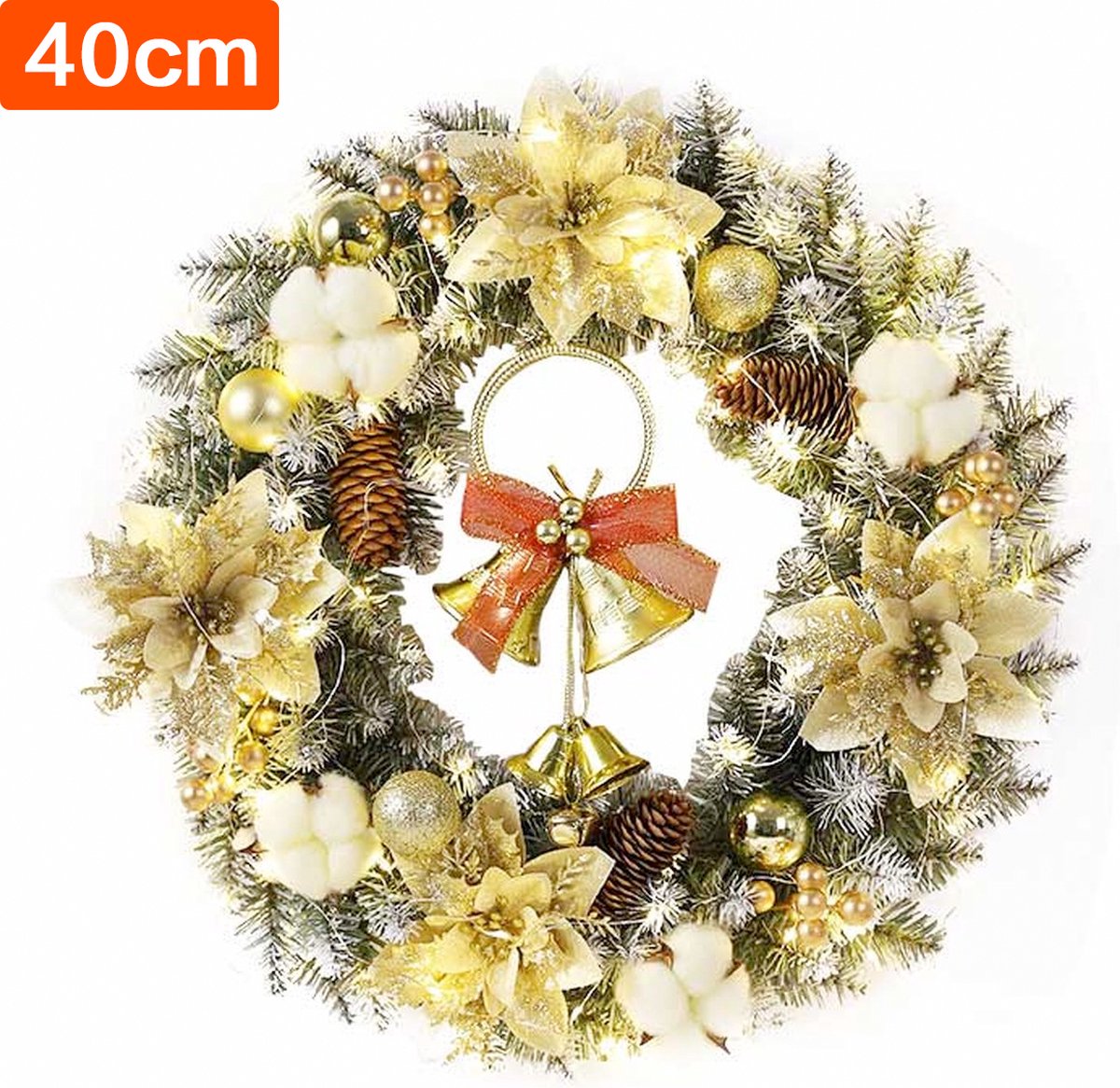 Kerstmis- Kerstkransen met Decoraties & LED verlichting(40cm) -Goud-Met 30 Led Lampjes-deurkransen kerstversiering- Kerstdecoratie