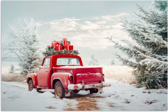 Poster 60x40 cm - Auto - Rood - Cadeaus - Winter - Sneeuw - Kerst - Posters - Kamer decoratie - Wanddecoratie woonkamer - Muurdecoratie slaapkamer - Kerstversiering - Kerstdecoratie voor binnen - Kerstmis