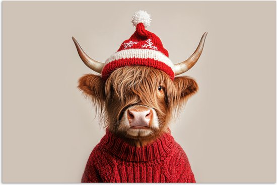 Poster 90x60 cm - Schotse Hooglander - Kerst - Muts - Trui - Winter - Posters - Kamer decoratie - Wanddecoratie woonkamer - Muurdecoratie slaapkamer - Kerstversiering - Kerstdecoratie voor binnen - Kerstmis