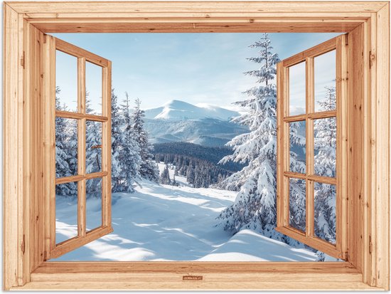 Poster 40x30 cm - Doorkijk - Winterlandschap - Natuur - Berg - Bomen - Hout - Posters - Kamer decoratie - Wanddecoratie woonkamer - Muurdecoratie slaapkamer