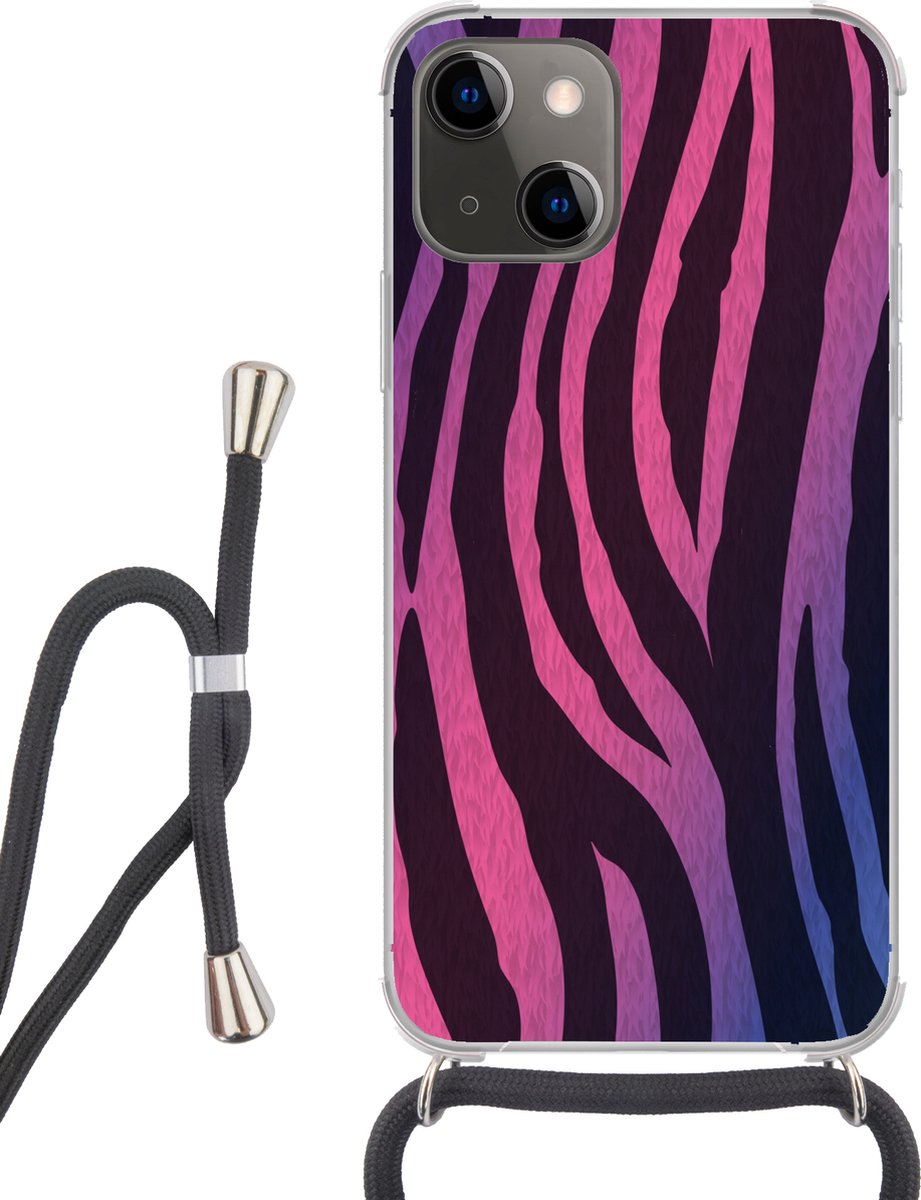 Telefoonhoesje Geschikt voor iPhone 13 - Zebraprint - Roze - Paars - Dierenprint - Siliconen - Crossbody - Backcover met Koord - Telefoonhoesje met koord - Hoesje met touw Telefoonhoesje