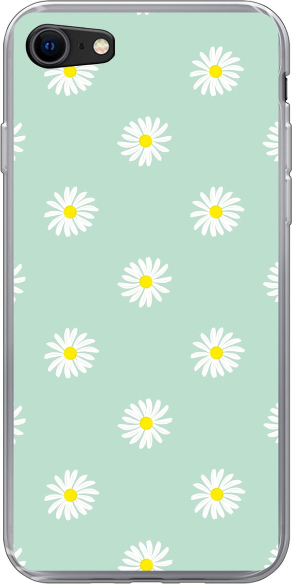 Telefoonhoesje Geschikt voor iPhone SE 2020 hoesje - Madeliefjes - Pastel - Wit - Groen - Bloemen patroon - Siliconen Telefoonhoesje Telefoonhoesje