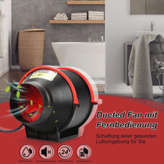 Buisventilator, 100 mm, motor, instelbaar, 40 W, 310 m³/u, ventilatie en afvoerventilator met eurostekker en afstandsbedieningen, voor badkamer, toilet, keuken, broeikas, tent, garage (zwart