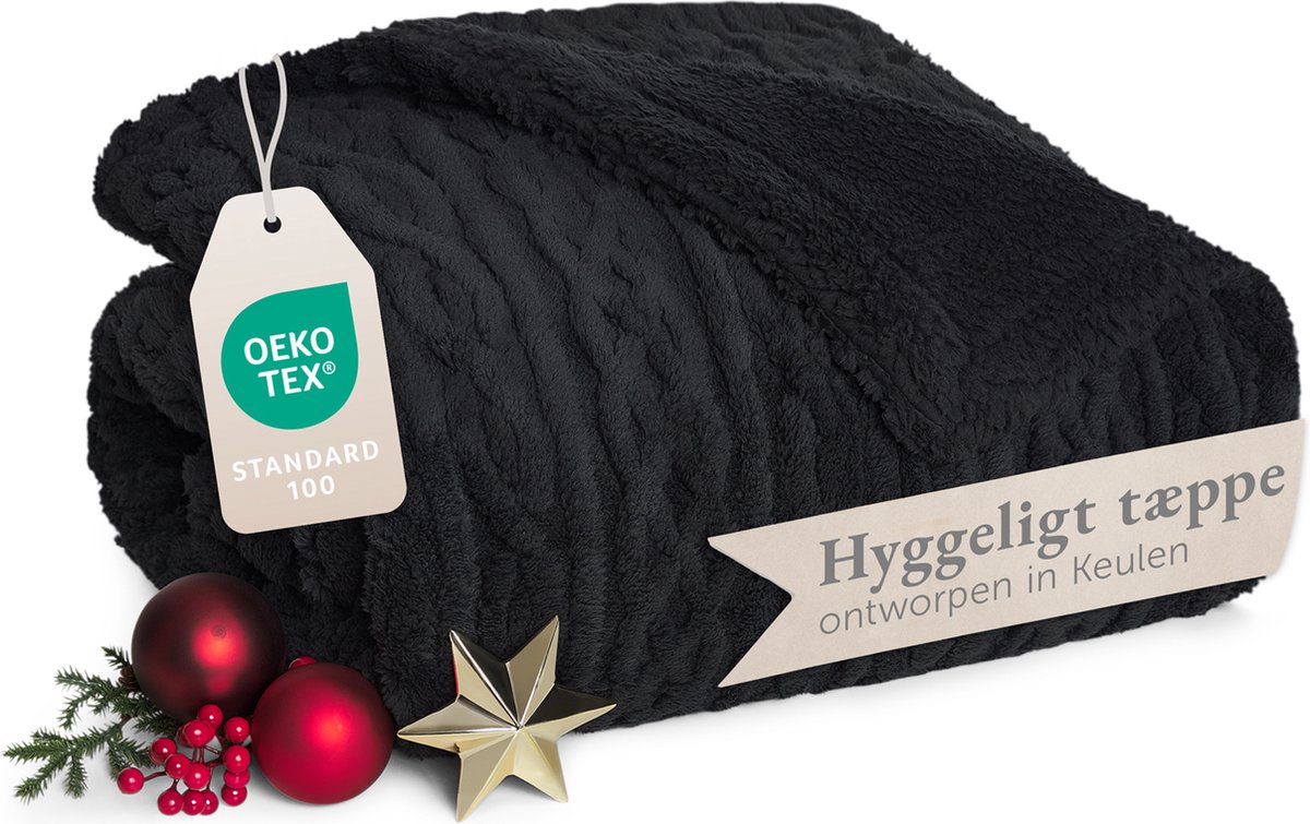 Blumtal Fleece Deken - Kabelgebreide look - 150x200 cm - Oeko-TEX gecertificeerd - Microvezel Fleece Deken - Zachte Sherpa Binnenkant - Zwart