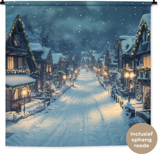 Wandkleed 120x120 cm - Wanddoek Kerstdorp - Kerst - Sneeuw - Winter - Wandtapijt - Wandkleden - Kerstdecoratie voor binnen - Kerstversiering woonkamer decoratie - Kerstmis versiering in huis - Christmas decorations - Kerstaccessoires