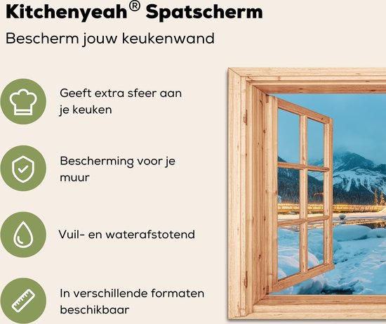 Spatscherm keuken 80x55 cm - Kookplaat achterwand Winterlandschap - Natuur - Huis - Bergen - Doorkijk - Raam - Muurbeschermer - Spatwand fornuis - Hoogwaardig aluminium
