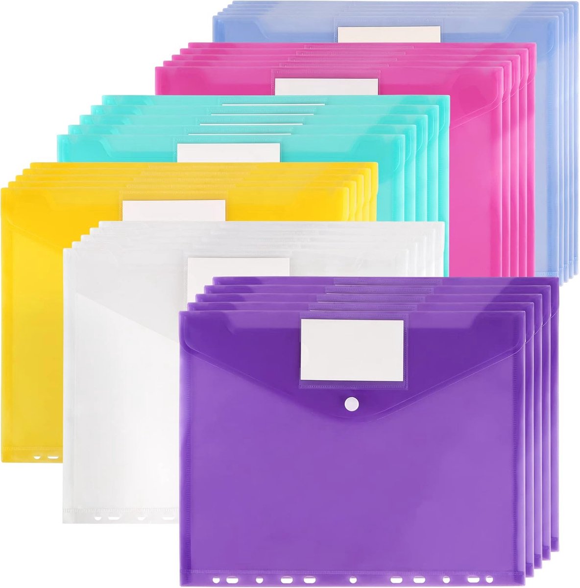 30 Stuks A4 Documentportefeuilles in Verschillende Kleuren met Labelzak en Knoopsluiting