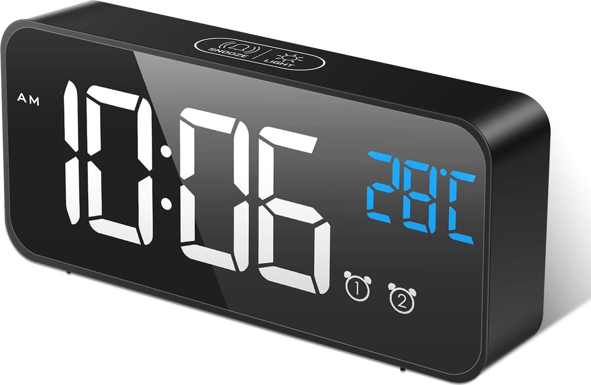 Digitale LED wekker met spiegeldisplay, oplaadbaar en spraakgestuurd, dubbele alarmen, 13 geluiden, niet tikkend, instelbaar volume en helderheid