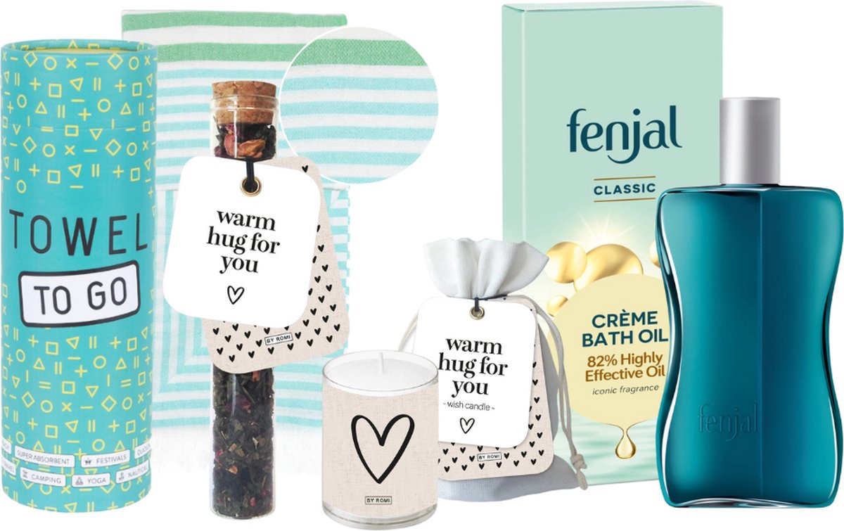 Goedkoopste Fenjal Cadeauset Bad Luxe Hamam Handdoek - Fenjal Classic Badolie 200 ml - Towel To Go Hamamdoek Turkoois Groen - By Romi Wensbuisje thee Warm hug for you