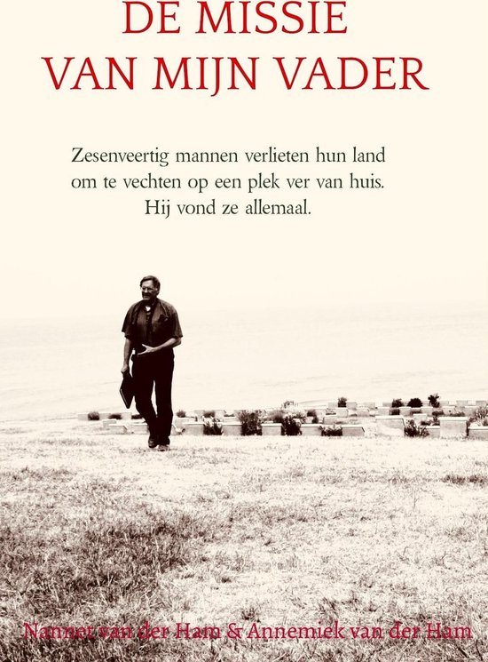 Boekcover: "De missie van mijn vader". Een man loopt op een heuvel bij graven. Tekst: "Zesenveertig mannen verlieten hun land om te vechten op een plek ver van huis. Hij vond ze allemaal."