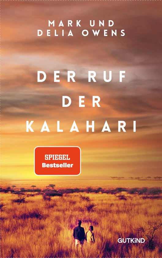Boek "Der Ruf der Kalahari" met een zonsondergang boven de Kalahari-savanne en twee figuren die naar de horizon kijken.