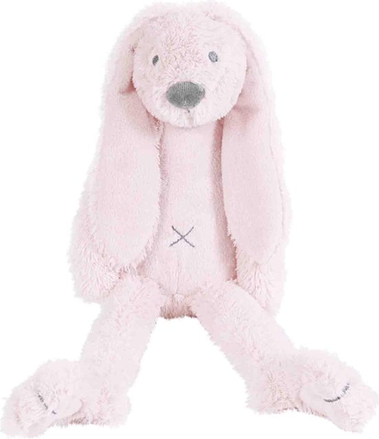 Zachte roze konijnenknuffel met lange oren, grijze details en gestikte 'x'.