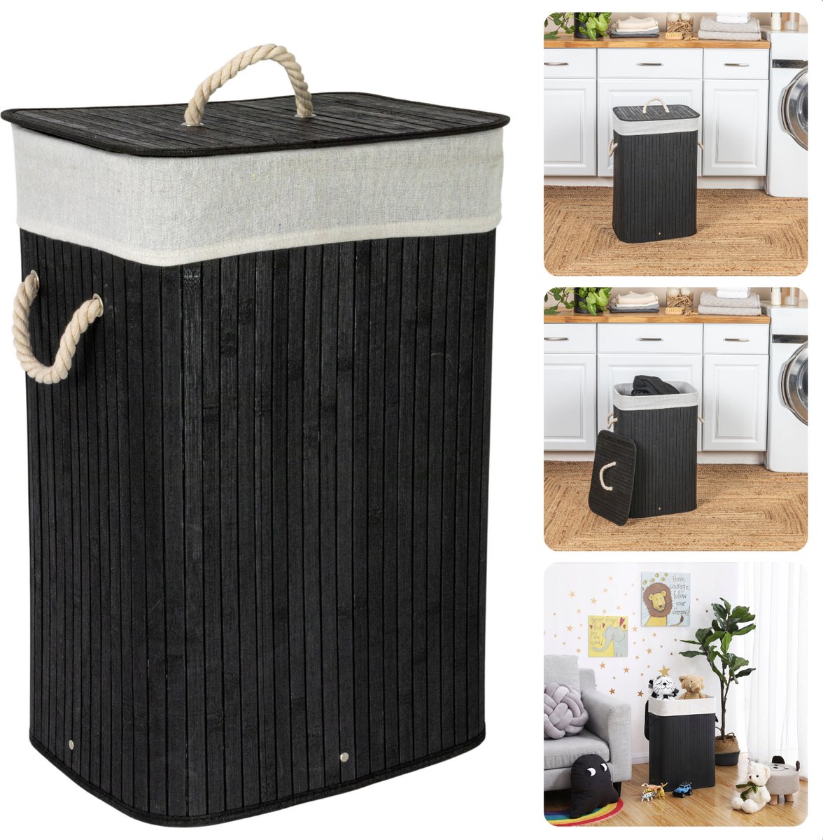 Goedkoopste Bamboe XL Wasmand Zwart - Opvouwbaar 72L - Met Deksel en Draaghengsels - Wassorteerder met Waszak - Inclusief EBOOK