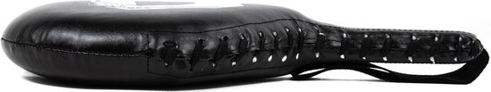 Zwarte Booster XTREM F4 trainingspaddle, zijaanzicht, met wit logo, witte stiksels en zwarte polsband.