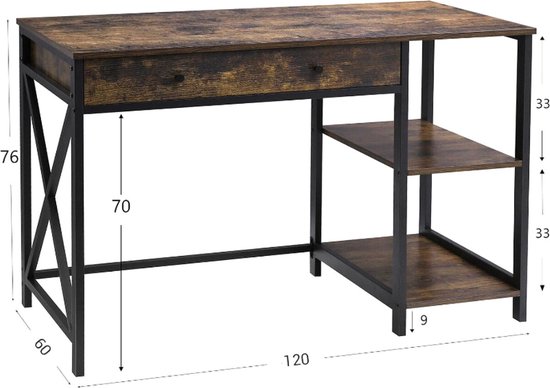 MIRA Home - Bureau- Computerbureau Met Planken - Zwart - Metaal - 120x60x80
