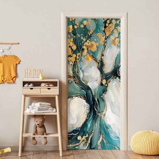 Deurposter 80x205 cm - Deursticker Boom - Modern - Verflook - Turquoise - Goud - Meubelfolie zelfklevend - Deurfolie woonkamer - Interieurfolie fotobehang - Deur plakfolie - Deurstickers - Deurbehang sticker - Kamer decoratie