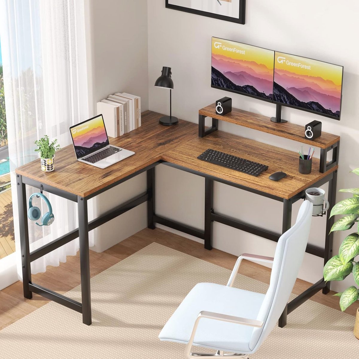 L-vormig Hoekbureau met Monitorstandaard 128 cm Walnoot - afbeelding 2