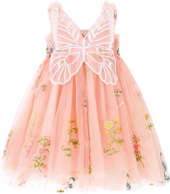 Joya Kids® Robe de princesse Bébé Filles avec papillons et Fleurs | Robe de soirée féerique en tulle sans manches pour anniversaire, mariage, Doop ou séance photo | Tenue photo Bébé | Séance photo pour tout-petit | Rose tendre | Taille 90