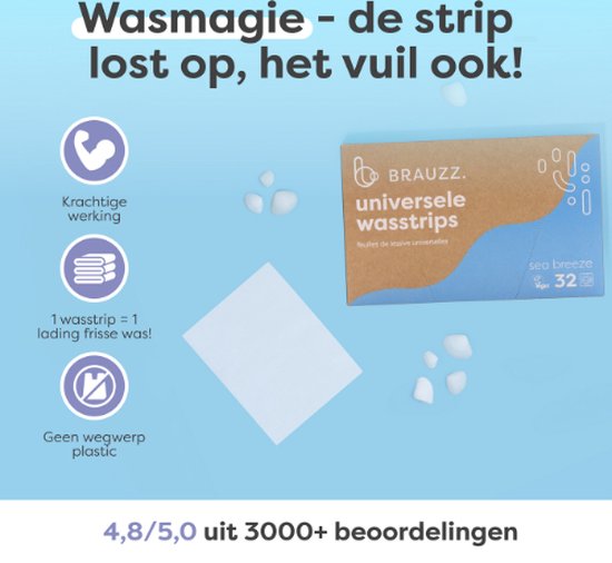 Kleine witte stukjes en een witte wasstrip naast een kartonnen verpakking met blauwe en bruine opdruk. "Sea Breeze".