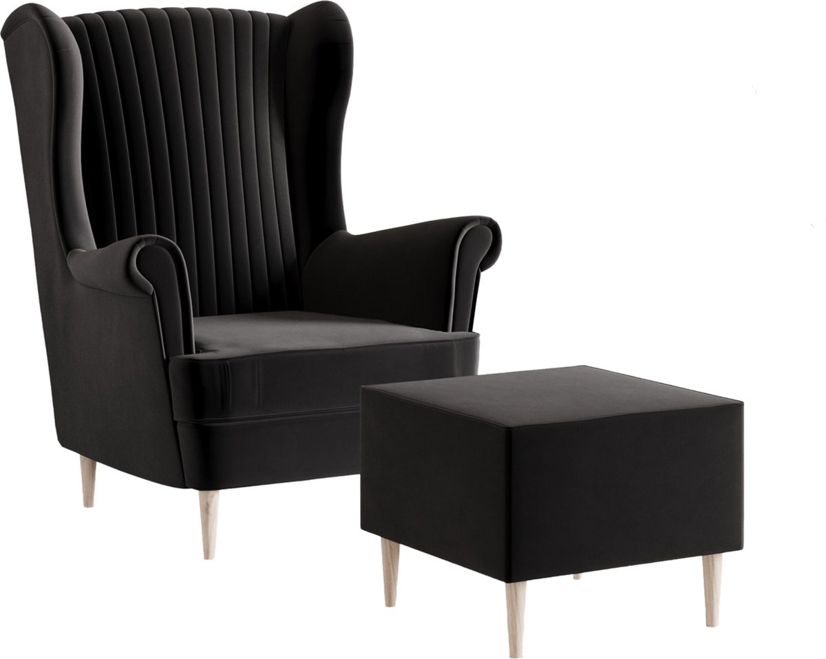 Ohrensessel, fauteuil van fluweel, stoel, zitmeubel, gestoffeerde fauteuil, relaxfauteuil - Fauteuil Comfy met Hocker - Zwart (Manila 18)