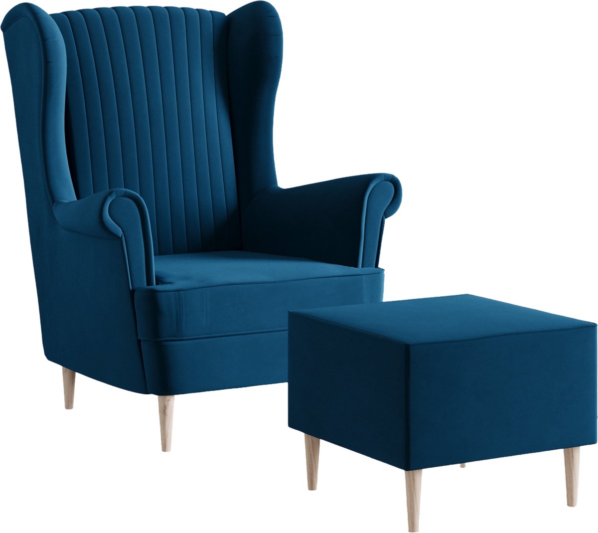 Ohrensessel, fauteuil van fluweel, stoel, zitmeubel, gestoffeerde fauteuil, relaxfauteuil - Fauteuil Comfy met Hocker - Blauw (Manila 25)
